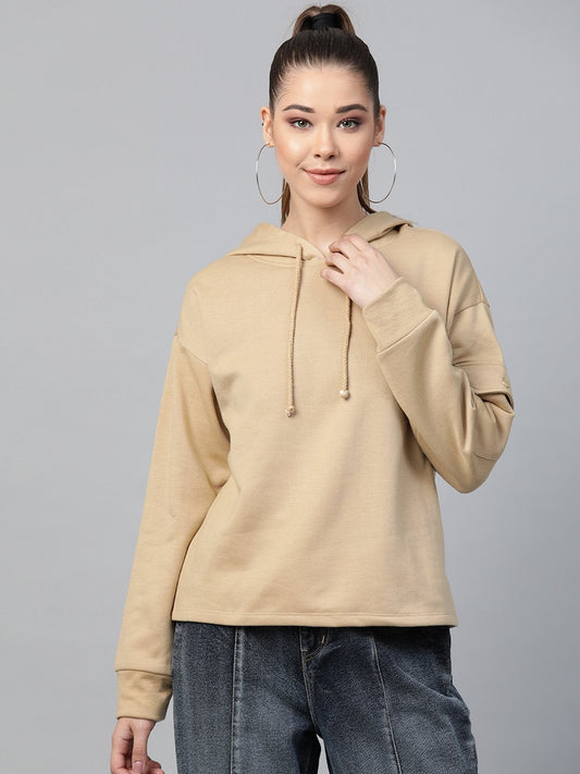 Women's Beige Pocket Detail At Sleeve Hoodie