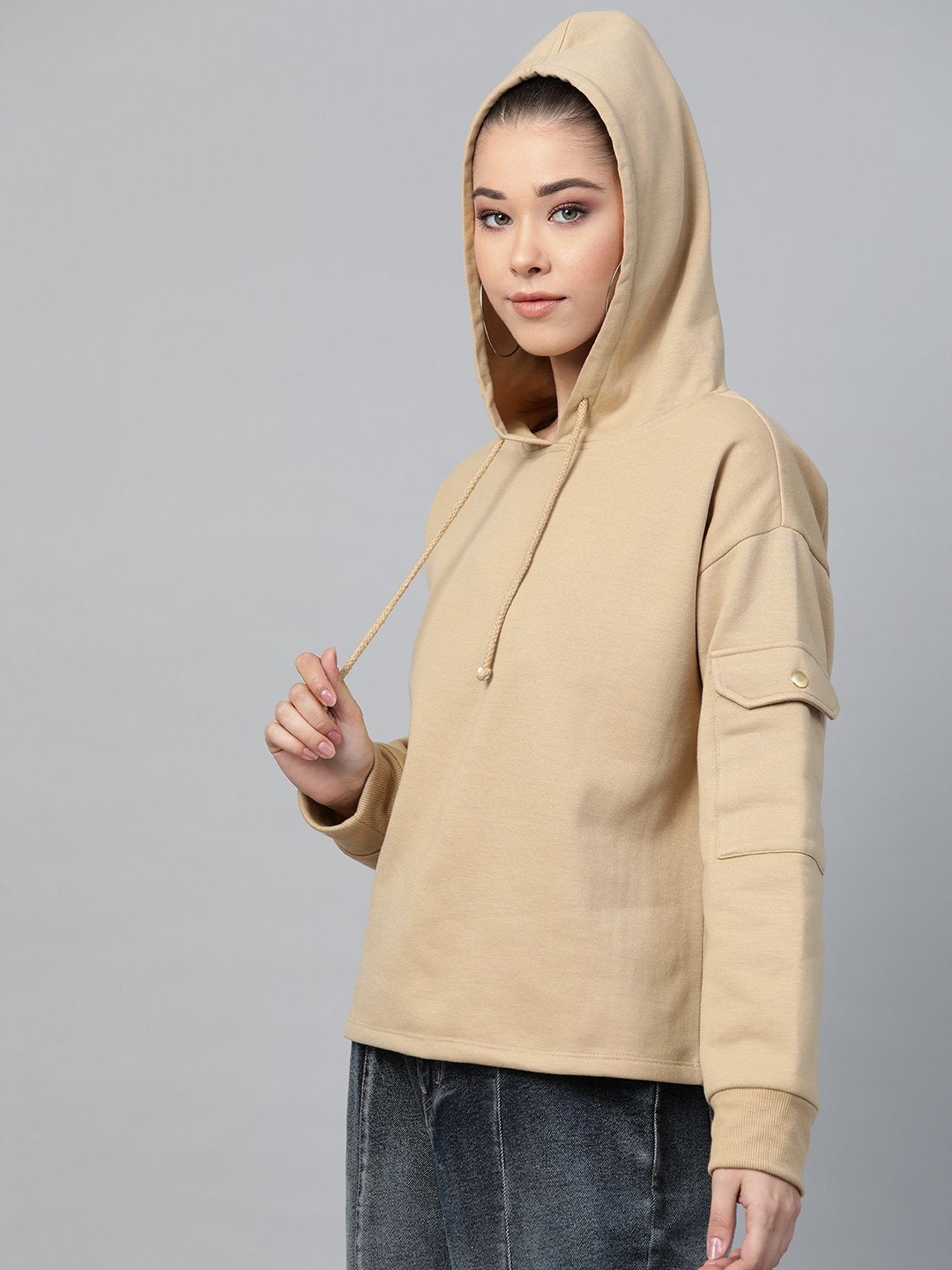 Women's Beige Pocket Detail At Sleeve Hoodie