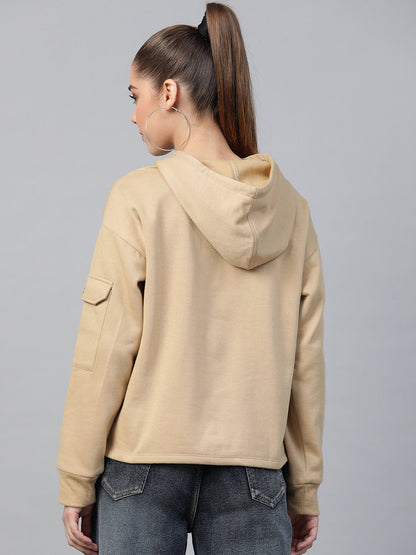 Women's Beige Pocket Detail At Sleeve Hoodie
