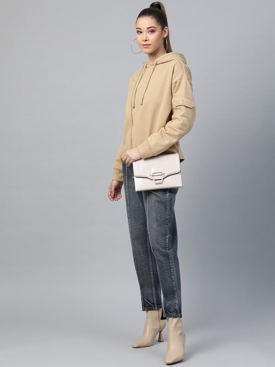 Women's Beige Pocket Detail At Sleeve Hoodie