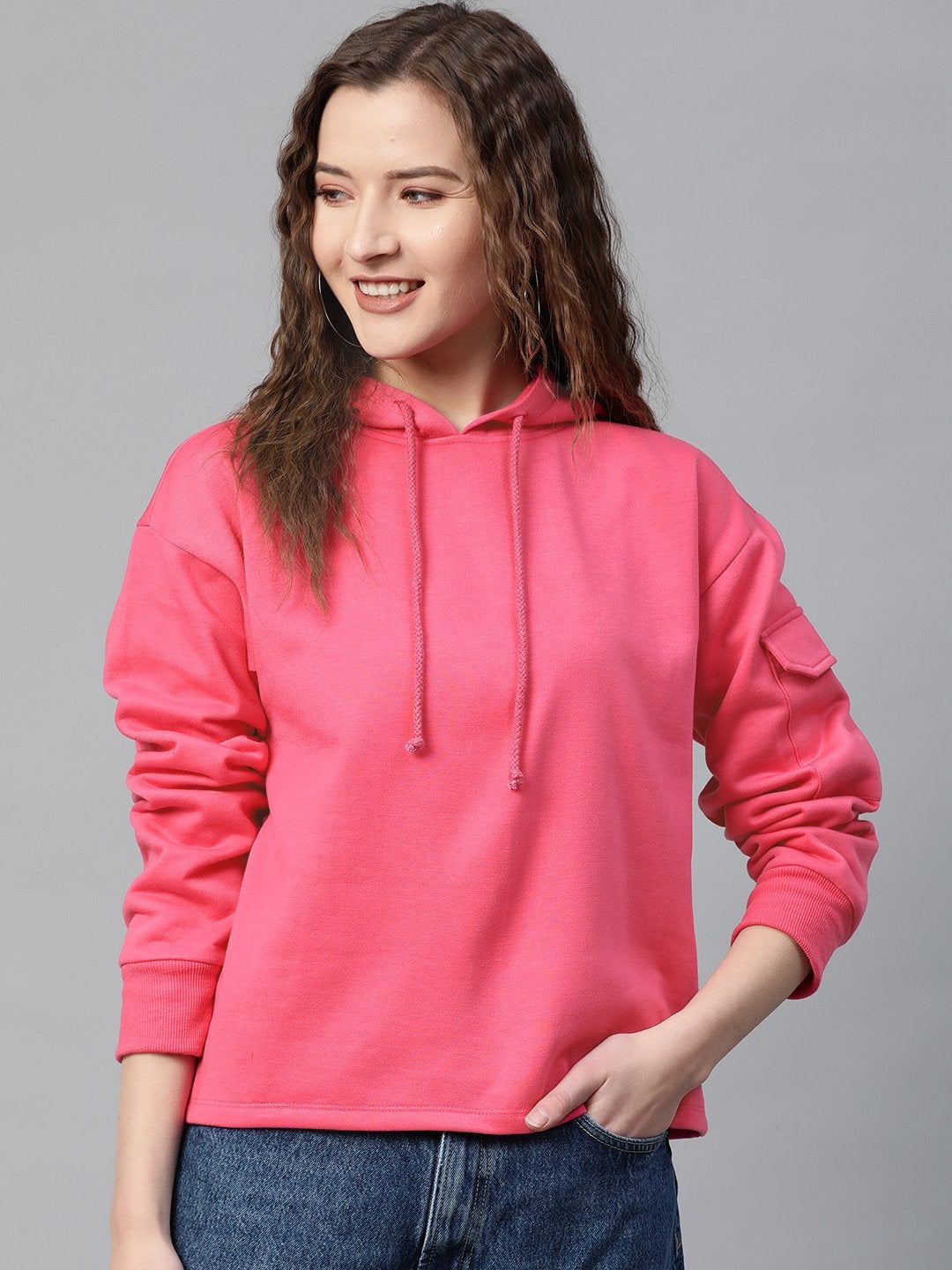 Women's Fuchsia Pocket Detail At Sleeve Hoodie