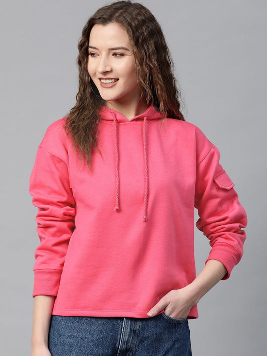 Women's Fuchsia Pocket Detail At Sleeve Hoodie