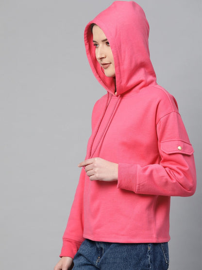 Women's Fuchsia Pocket Detail At Sleeve Hoodie