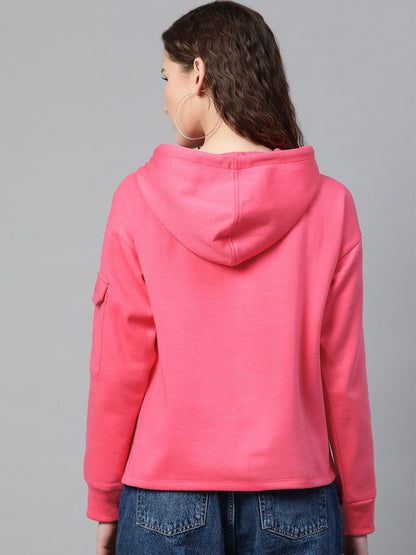 Women's Fuchsia Pocket Detail At Sleeve Hoodie