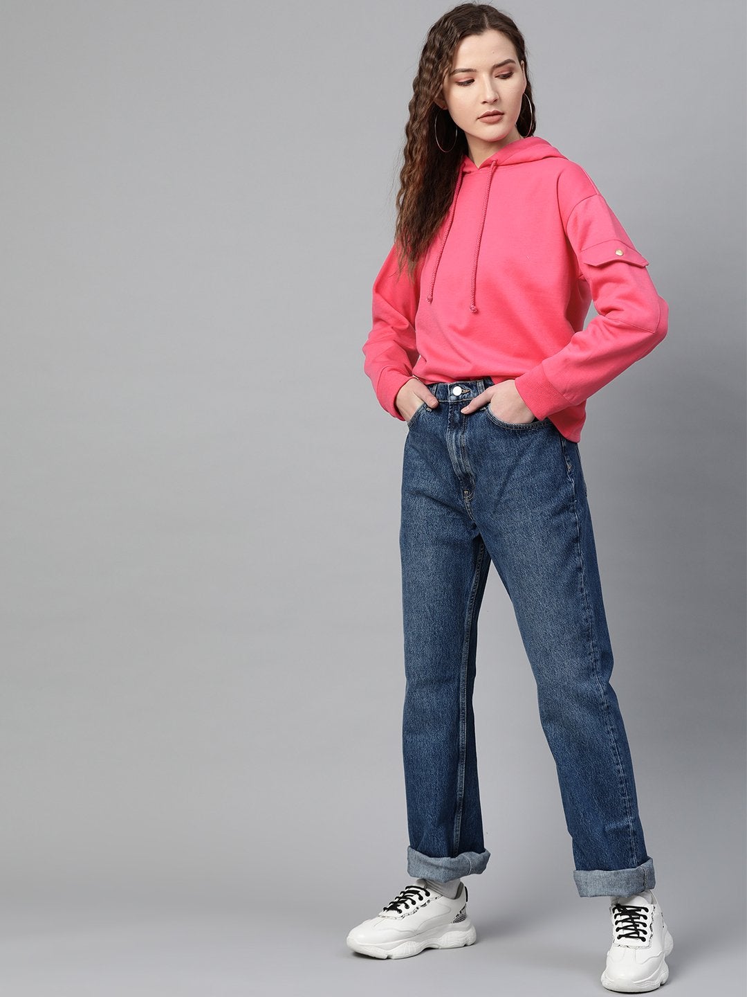 Women's Fuchsia Pocket Detail At Sleeve Hoodie