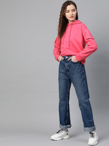 Women's Fuchsia Pocket Detail At Sleeve Hoodie