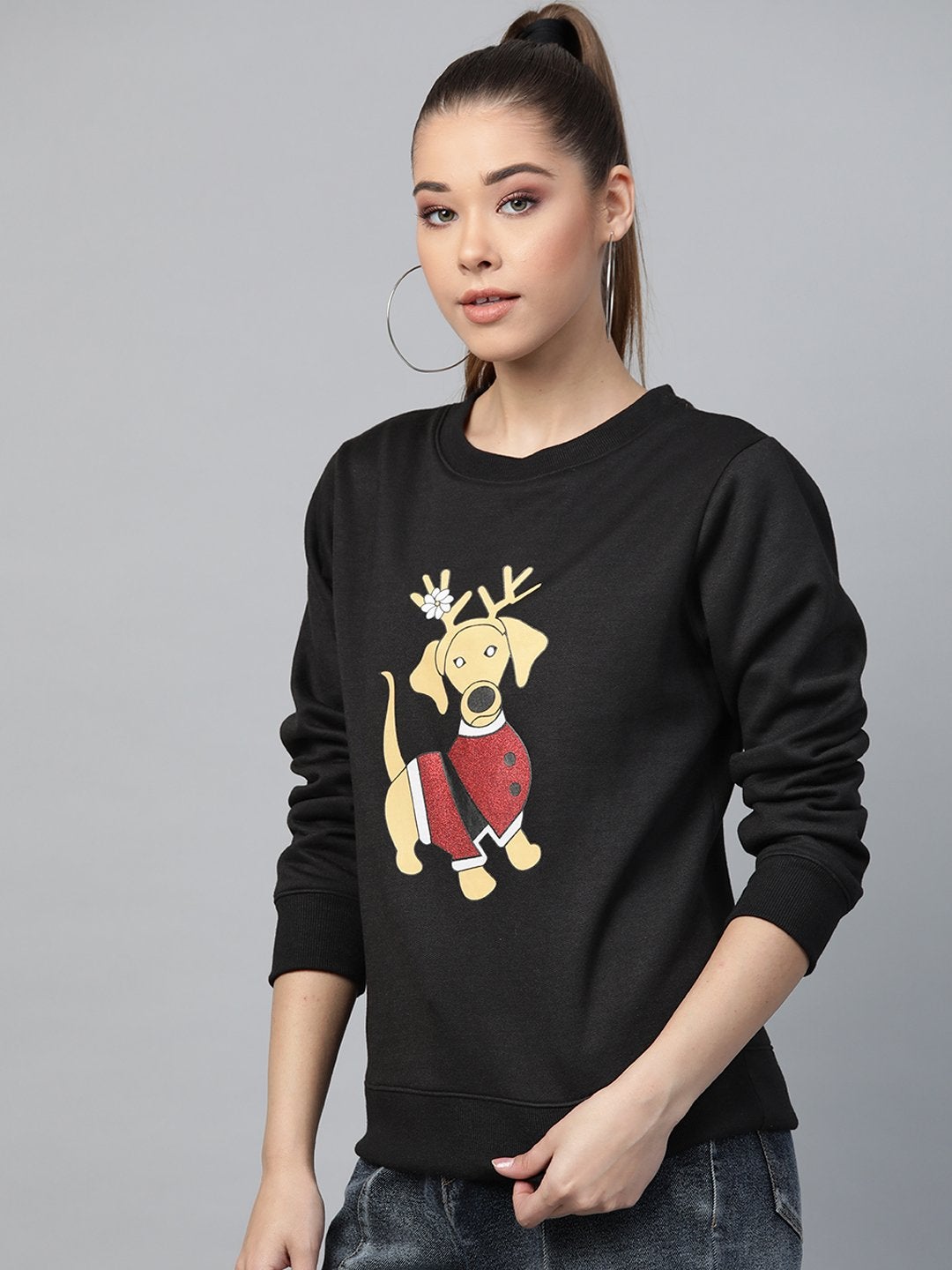 Women's Black Christmas Dog Print Sweatshirt