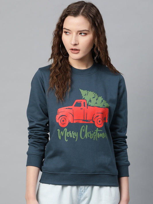 Women's Teal Blue Merry Christmas Print Sweatshirt
