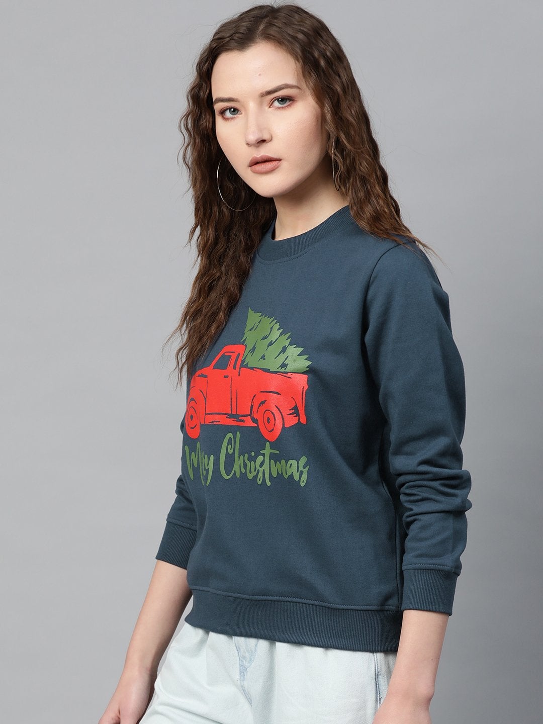 Women's Teal Blue Merry Christmas Print Sweatshirt