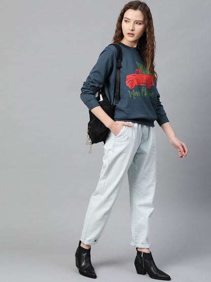 Women's Teal Blue Merry Christmas Print Sweatshirt