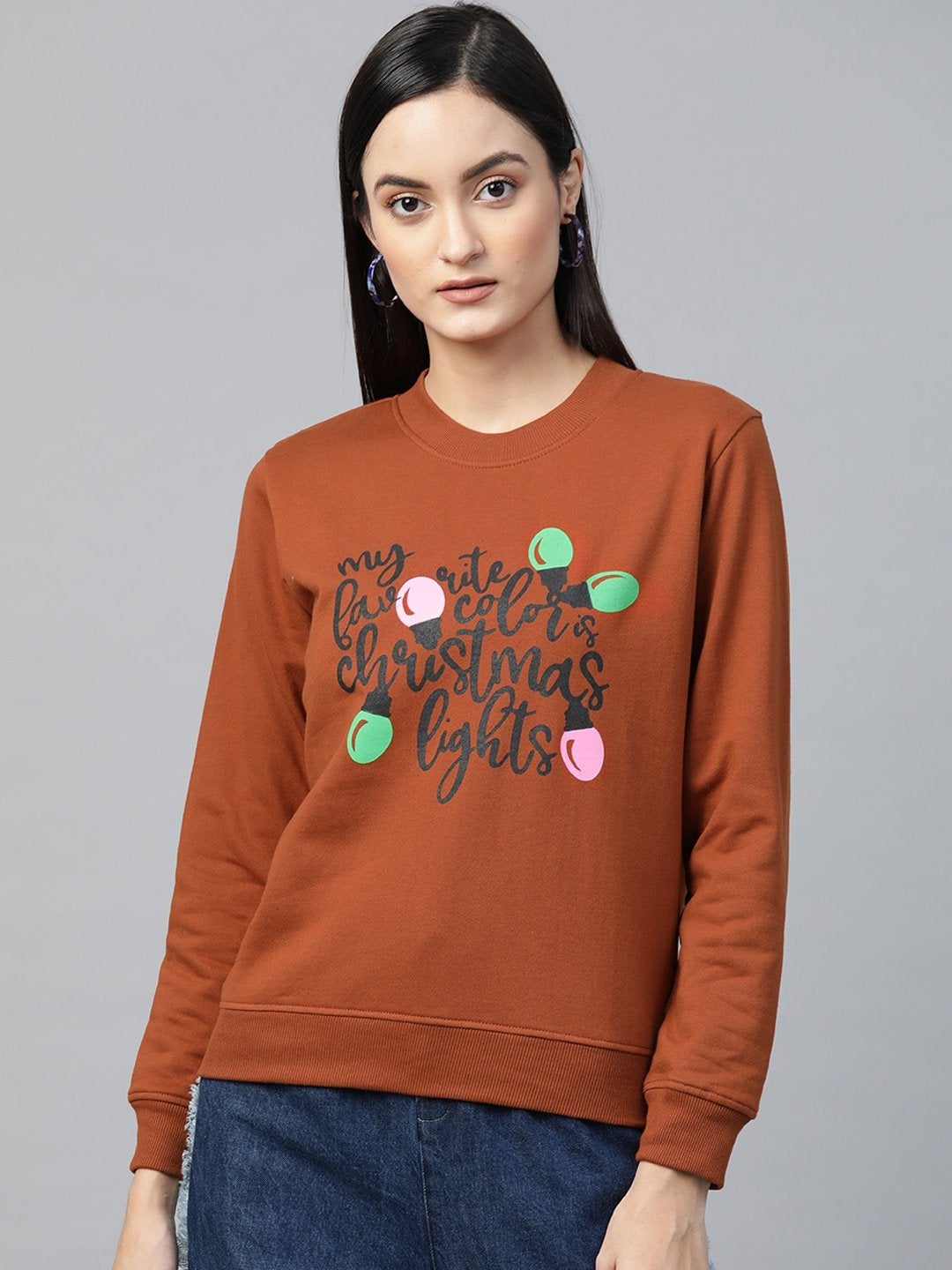 Women's Brown Christmas Neon Lights Print Sweatshirt