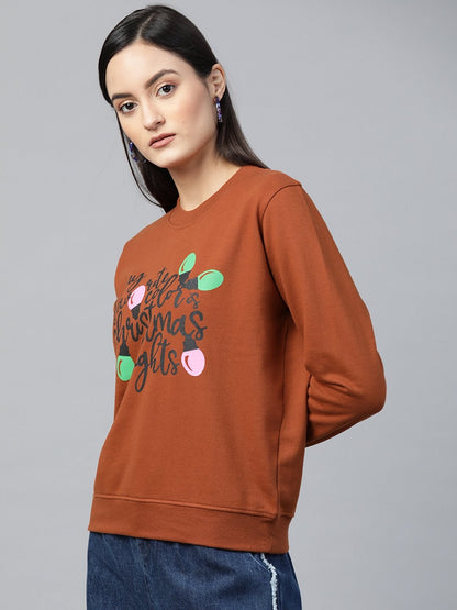 Women's Brown Christmas Neon Lights Print Sweatshirt