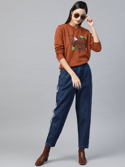 Women's Brown Christmas Neon Lights Print Sweatshirt