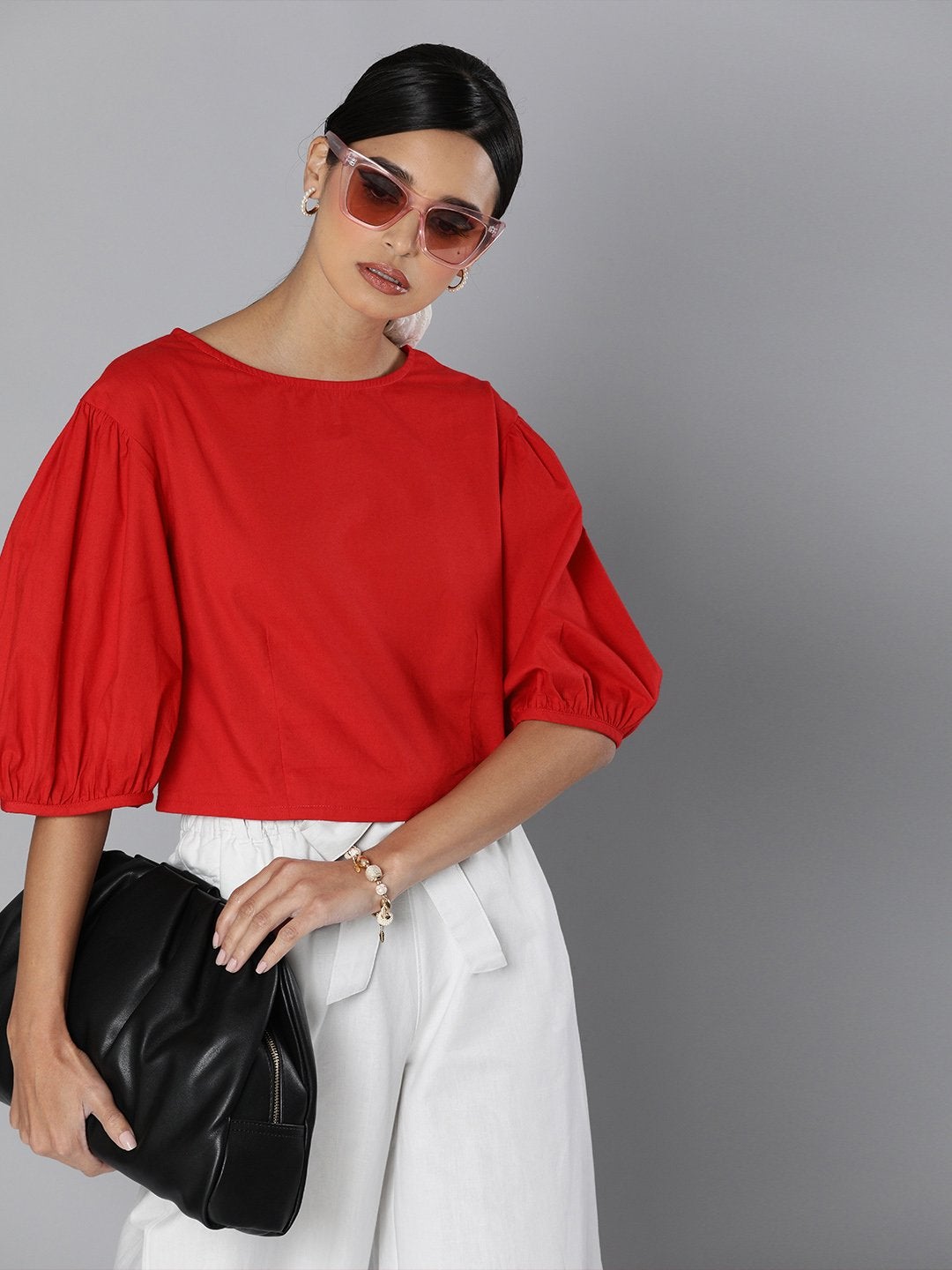 Women's Red Balloon Sleeve Crop Top