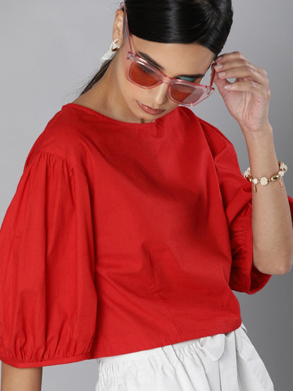 Women's Red Balloon Sleeve Crop Top