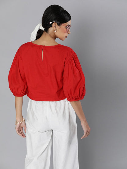 Women's Red Balloon Sleeve Crop Top