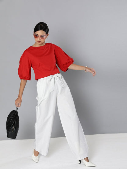 Women's Red Balloon Sleeve Crop Top
