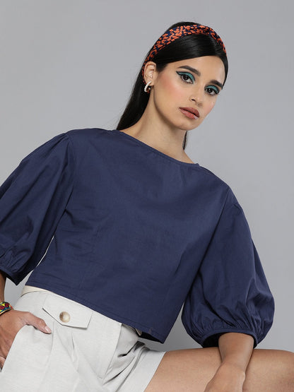 Women's Navy Balloon Sleeve Crop Top