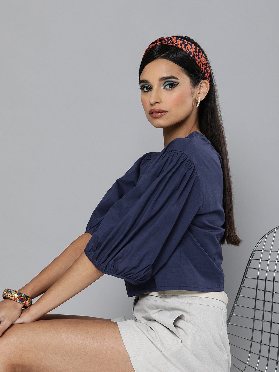 Women's Navy Balloon Sleeve Crop Top