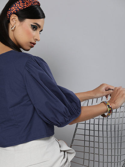Women's Navy Balloon Sleeve Crop Top