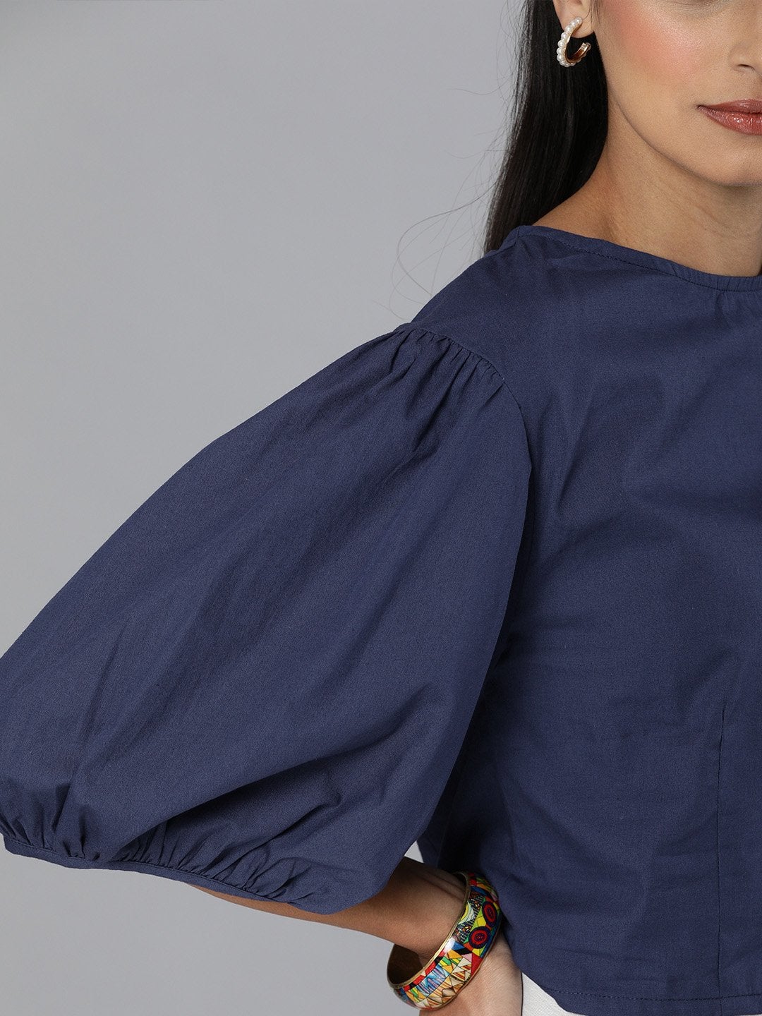 Women's Navy Balloon Sleeve Crop Top