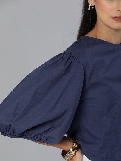 Women's Navy Balloon Sleeve Crop Top