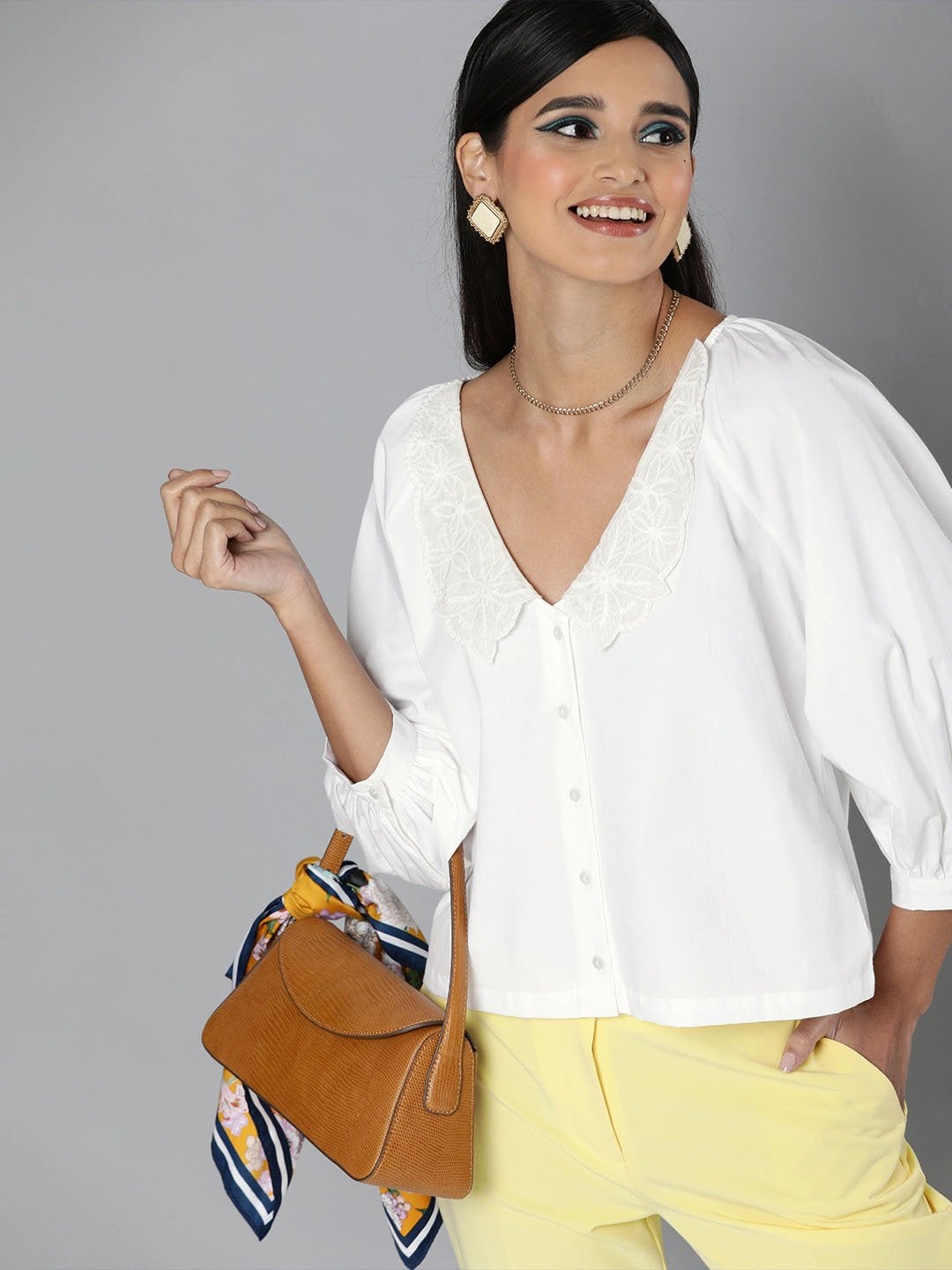 Women's White Embroidered Collar Top