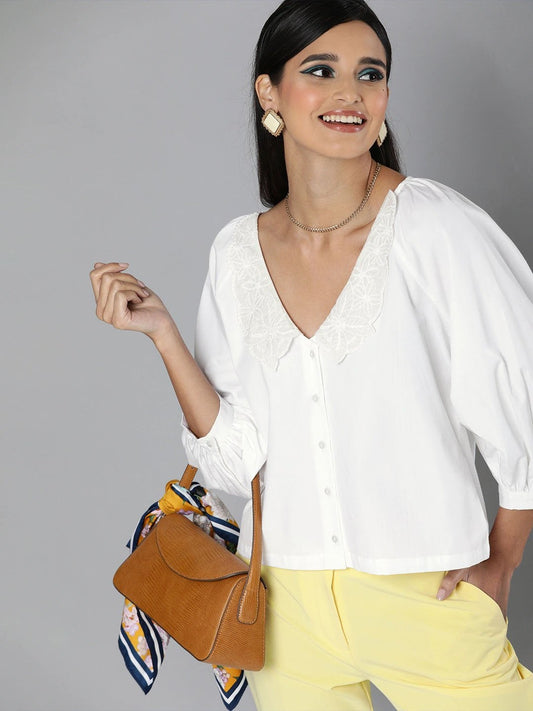 Women's White Embroidered Collar Top