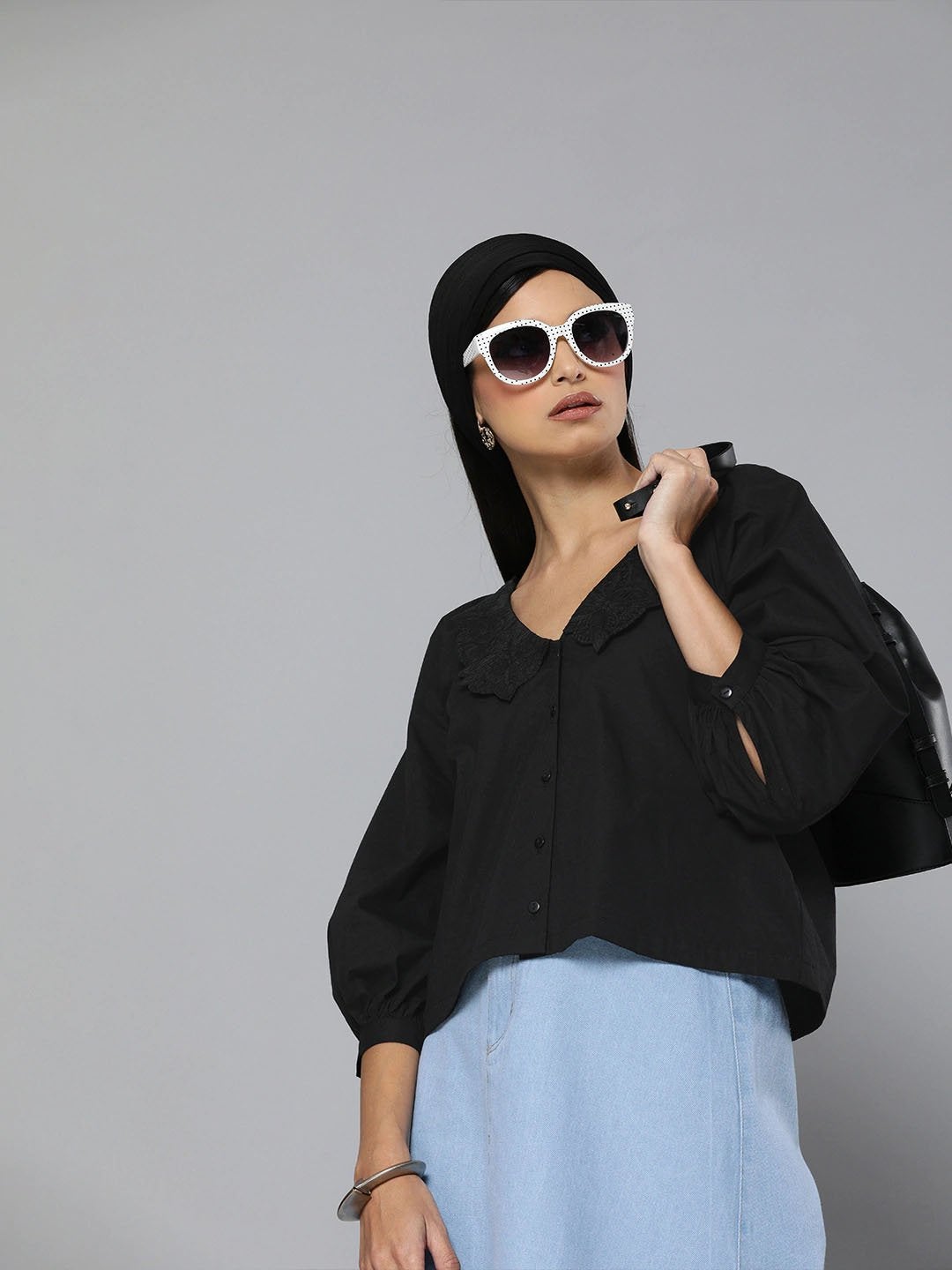 Women's Black Embroidered Collar Top