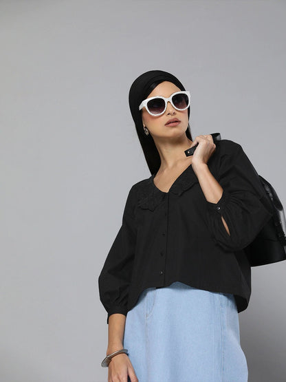 Women's Black Embroidered Collar Top