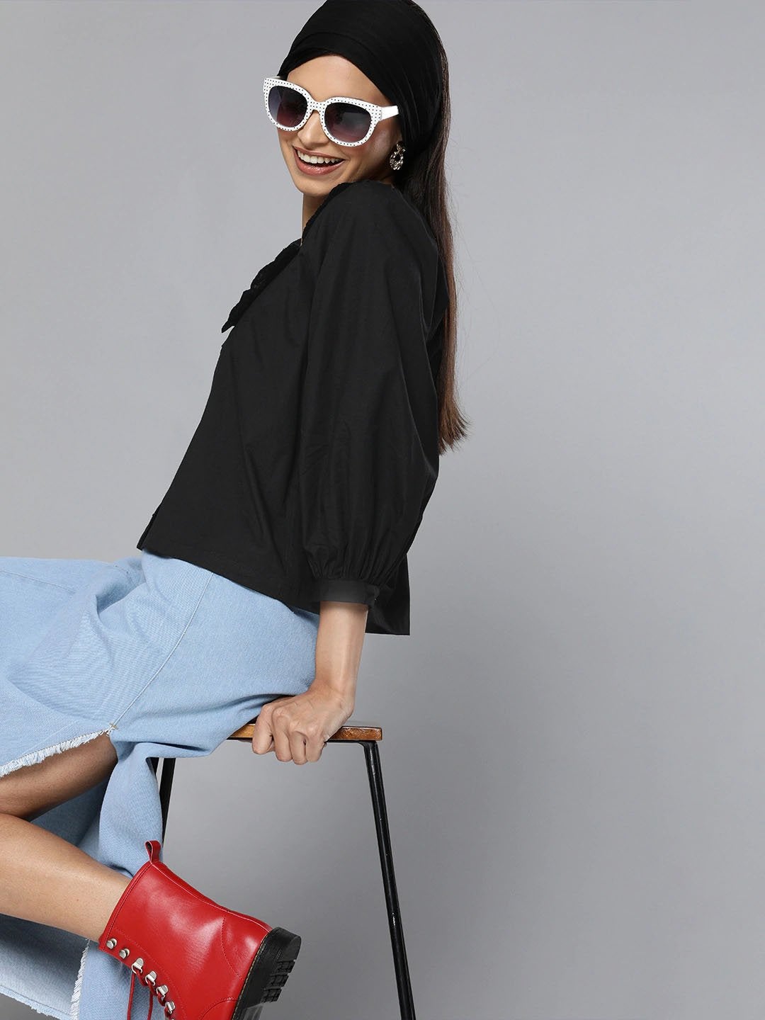 Women's Black Embroidered Collar Top