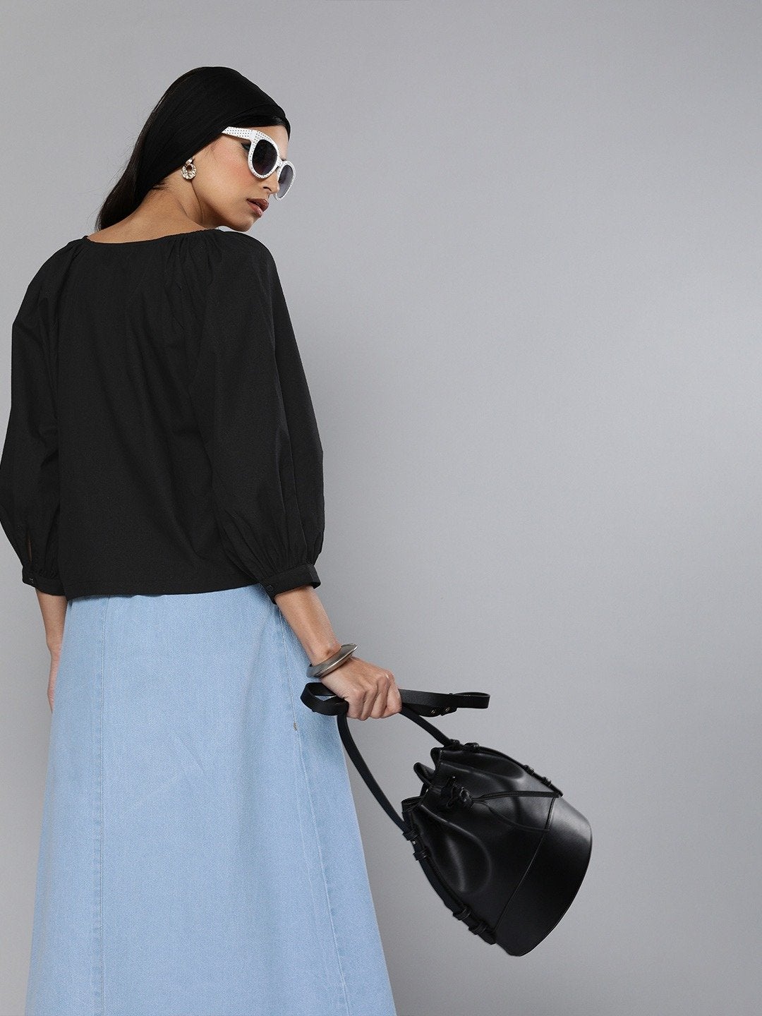 Women's Black Embroidered Collar Top