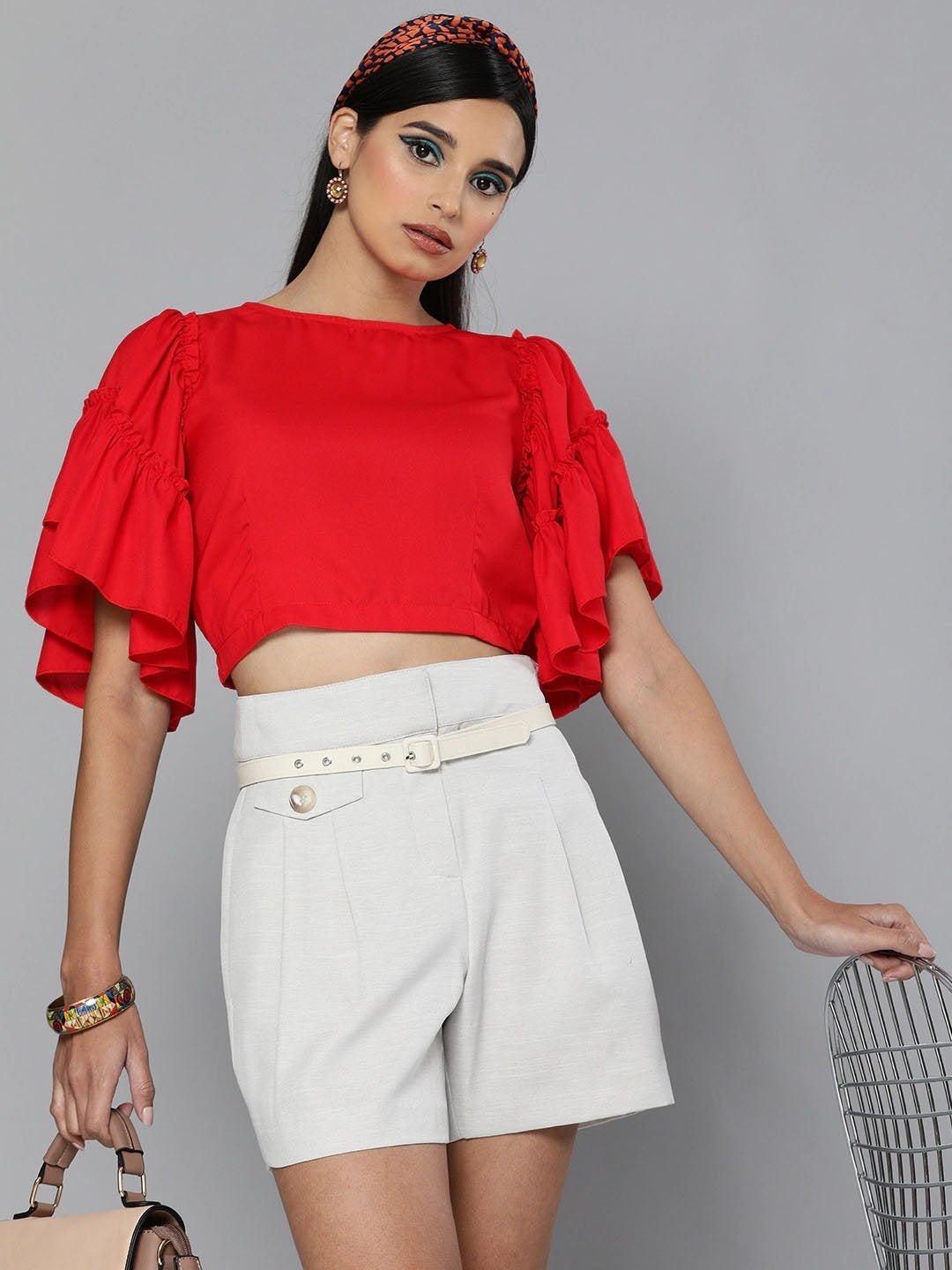 Women's Red Flare Sleeve Crop Top
