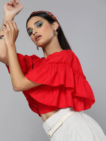 Women's Red Flare Sleeve Crop Top