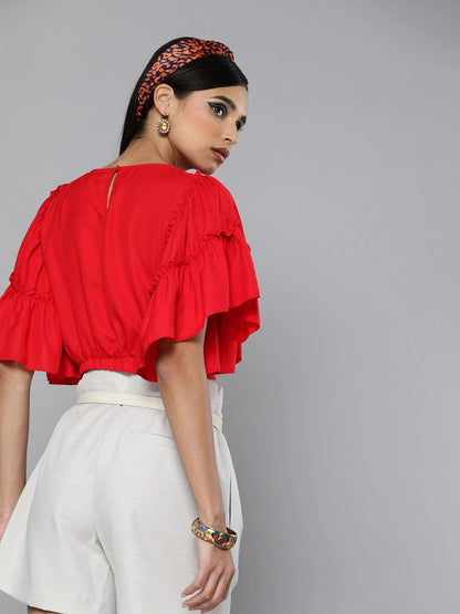Women's Red Flare Sleeve Crop Top