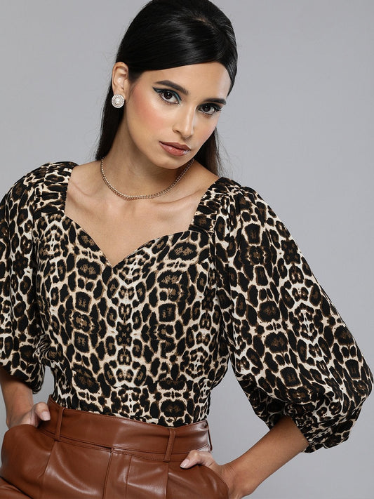 Women's Black Cheetah Puff Sleeve Crop Top