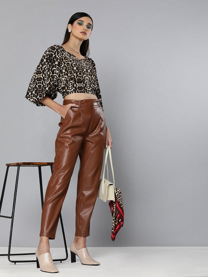 Women's Black Cheetah Puff Sleeve Crop Top
