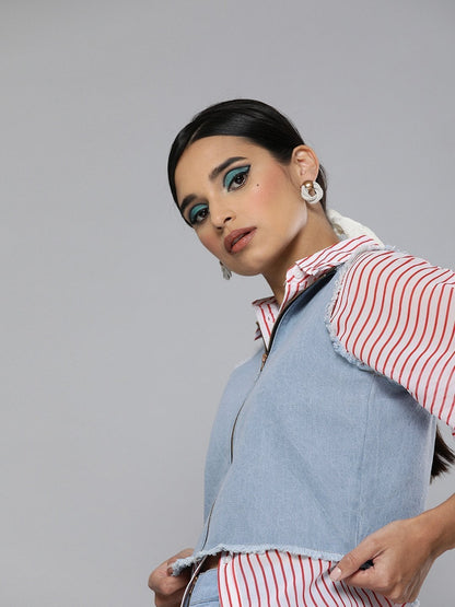 Women's Blue Denim V-Neck Crop Top