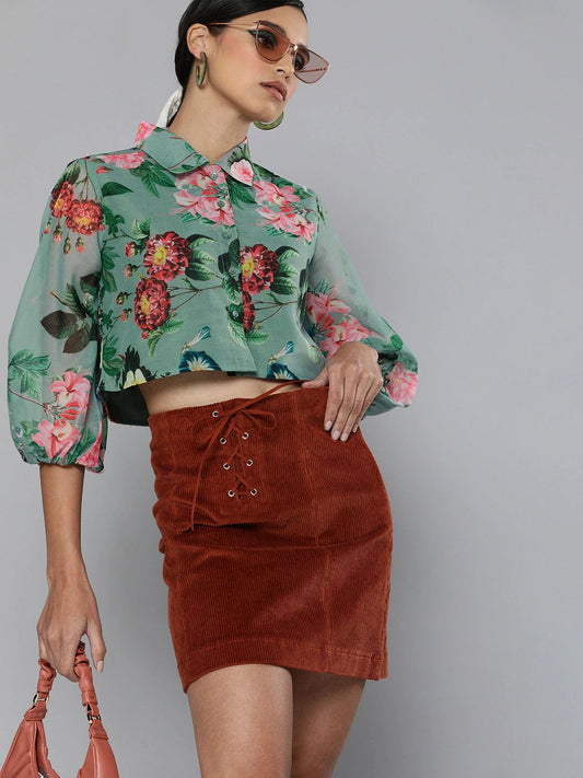 Women's Olive Floral Organza Shirt Style Crop Top
