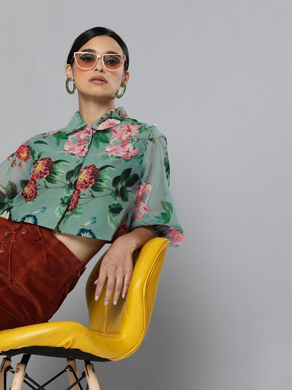 Women's Olive Floral Organza Shirt Style Crop Top