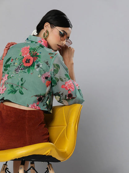 Women's Olive Floral Organza Shirt Style Crop Top