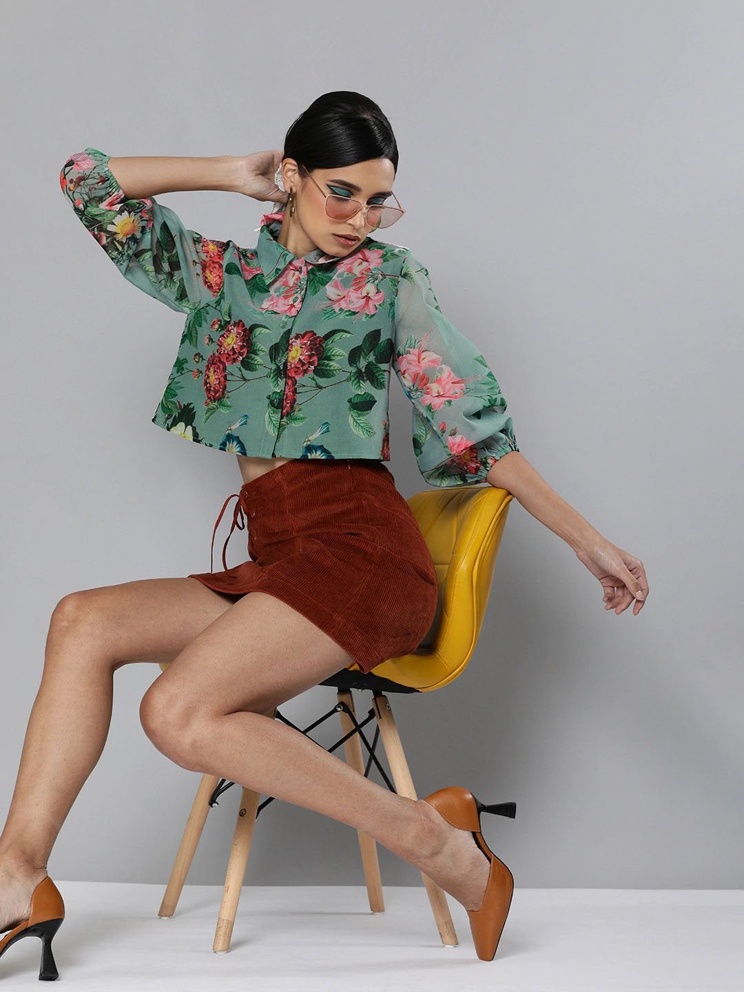 Women's Olive Floral Organza Shirt Style Crop Top