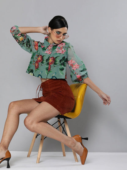 Women's Olive Floral Organza Shirt Style Crop Top