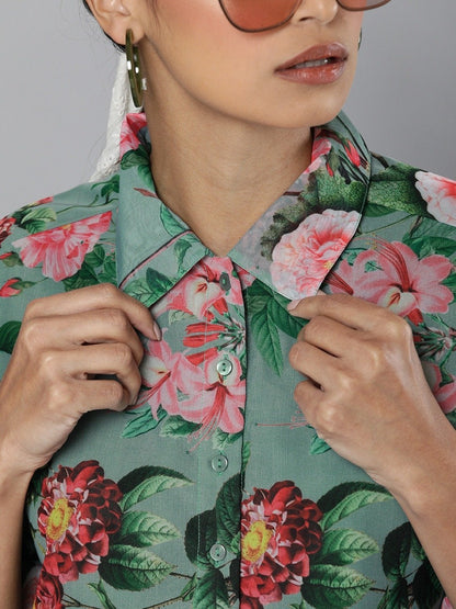 Women's Olive Floral Organza Shirt Style Crop Top