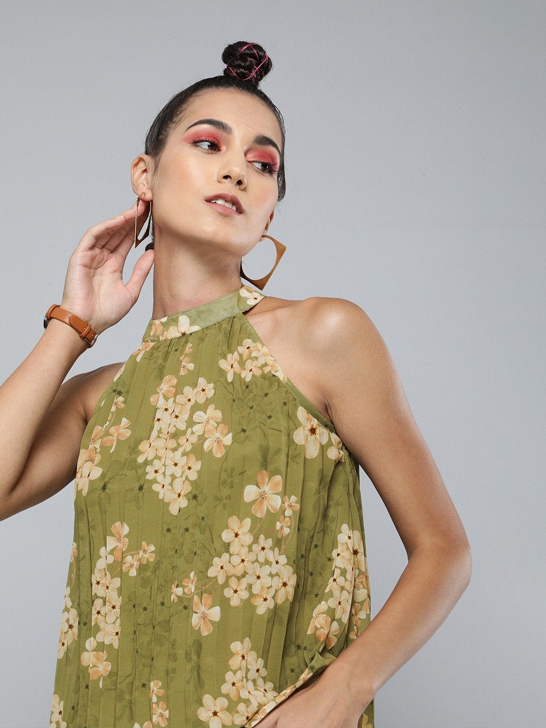 Women's Olive Floral Pleated Halter Top