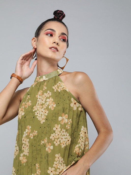 Women's Olive Floral Pleated Halter Top