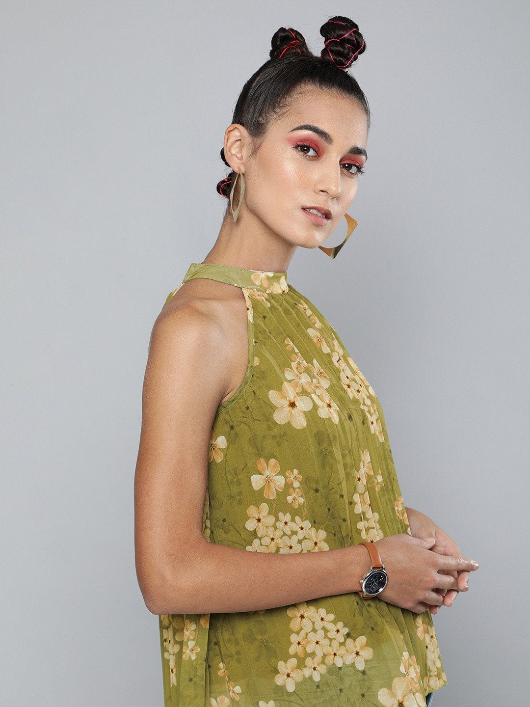 Women's Olive Floral Pleated Halter Top