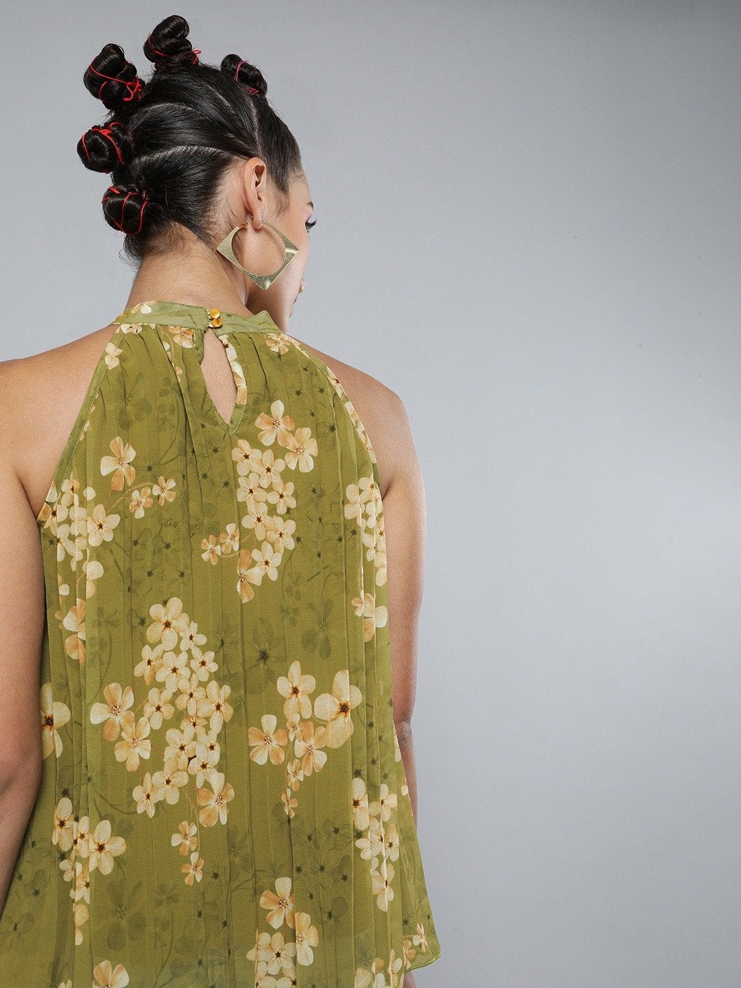 Women's Olive Floral Pleated Halter Top