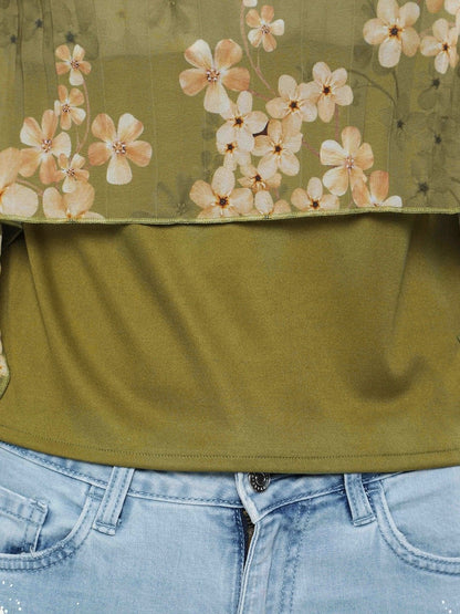 Women's Olive Floral Pleated Halter Top