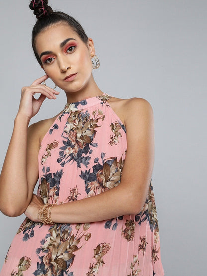 Women's Pink Floral Pleated Halter Top